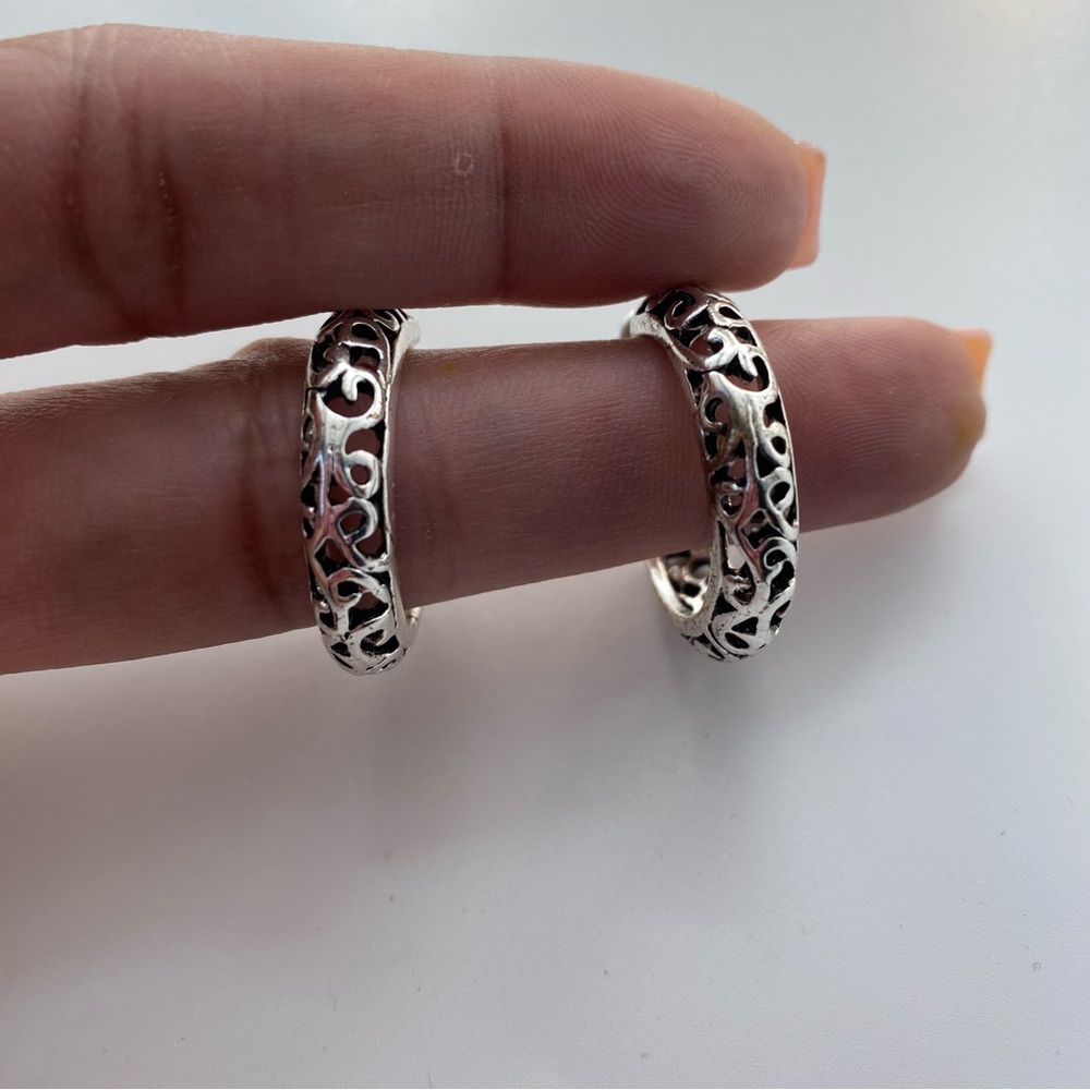 Studio S Silver tone Textured Hoop Earrings filigree design pierced one inch